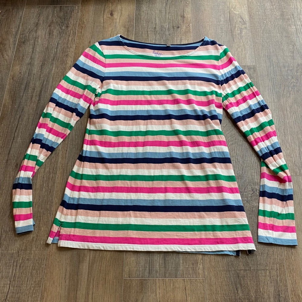 Boden Womens Multicolor Striped Long Sleeve Boat Neck Cotton Tee Shirt Size US 8